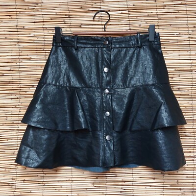 Zara Black Faux Leather Ruffle Mini Skirt Size S