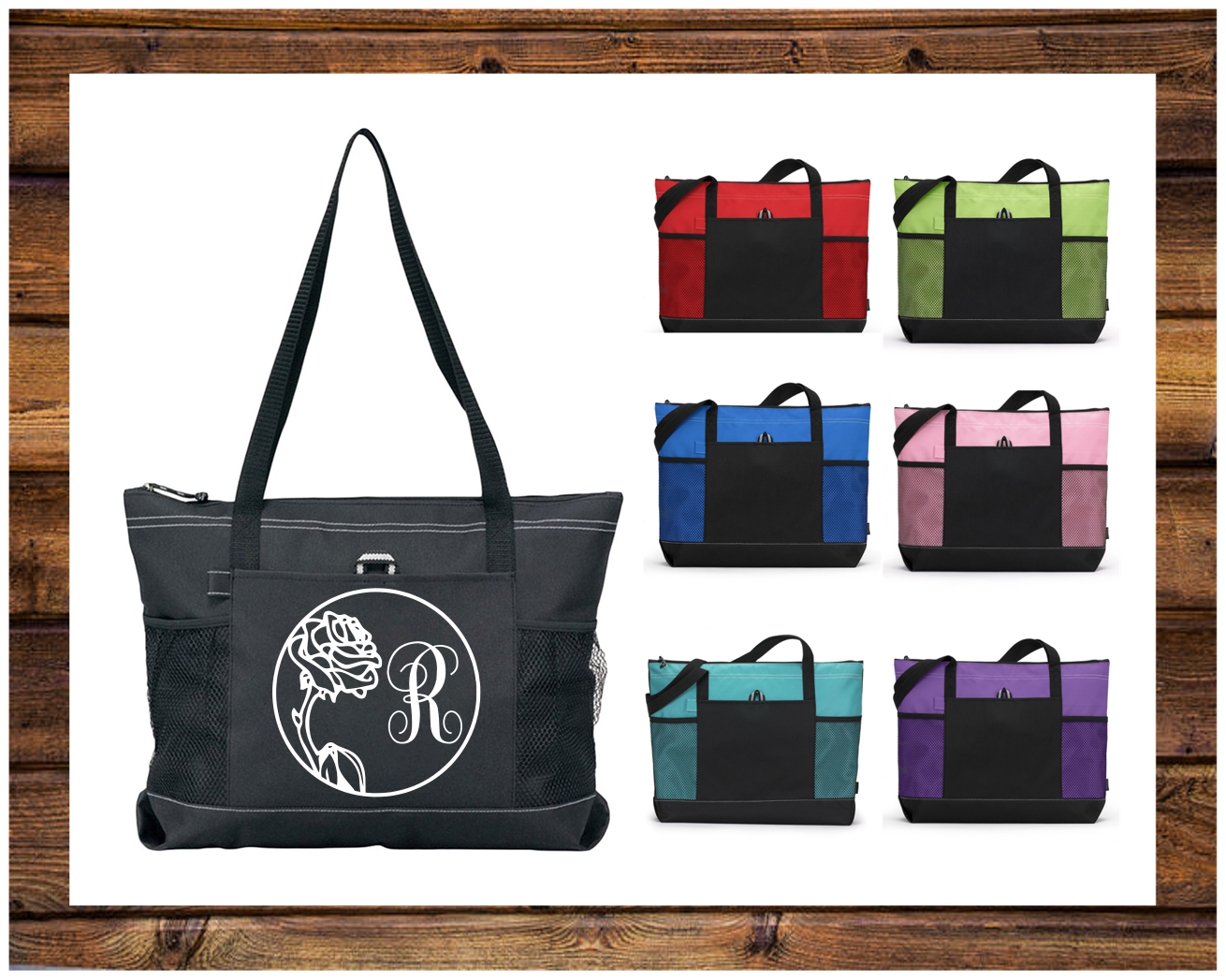 Custom Monogram Rose Tote Bag for Travel Gym Diapers or Gift