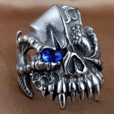 Blue Eye Alien Skull Head Mask Ring Stainless Steel Gothic Men's Ring Size 7-13