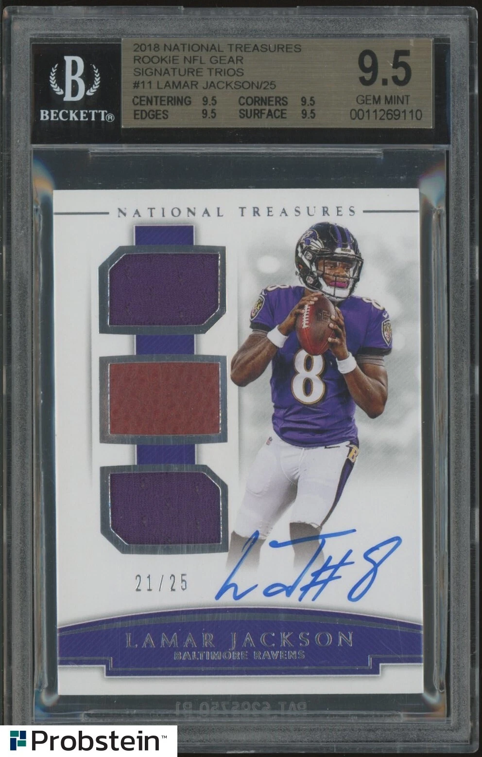 Lamar Jackson Panini National Treasures Rookie NFL Gear Signature Trios #RSTLJ Prime