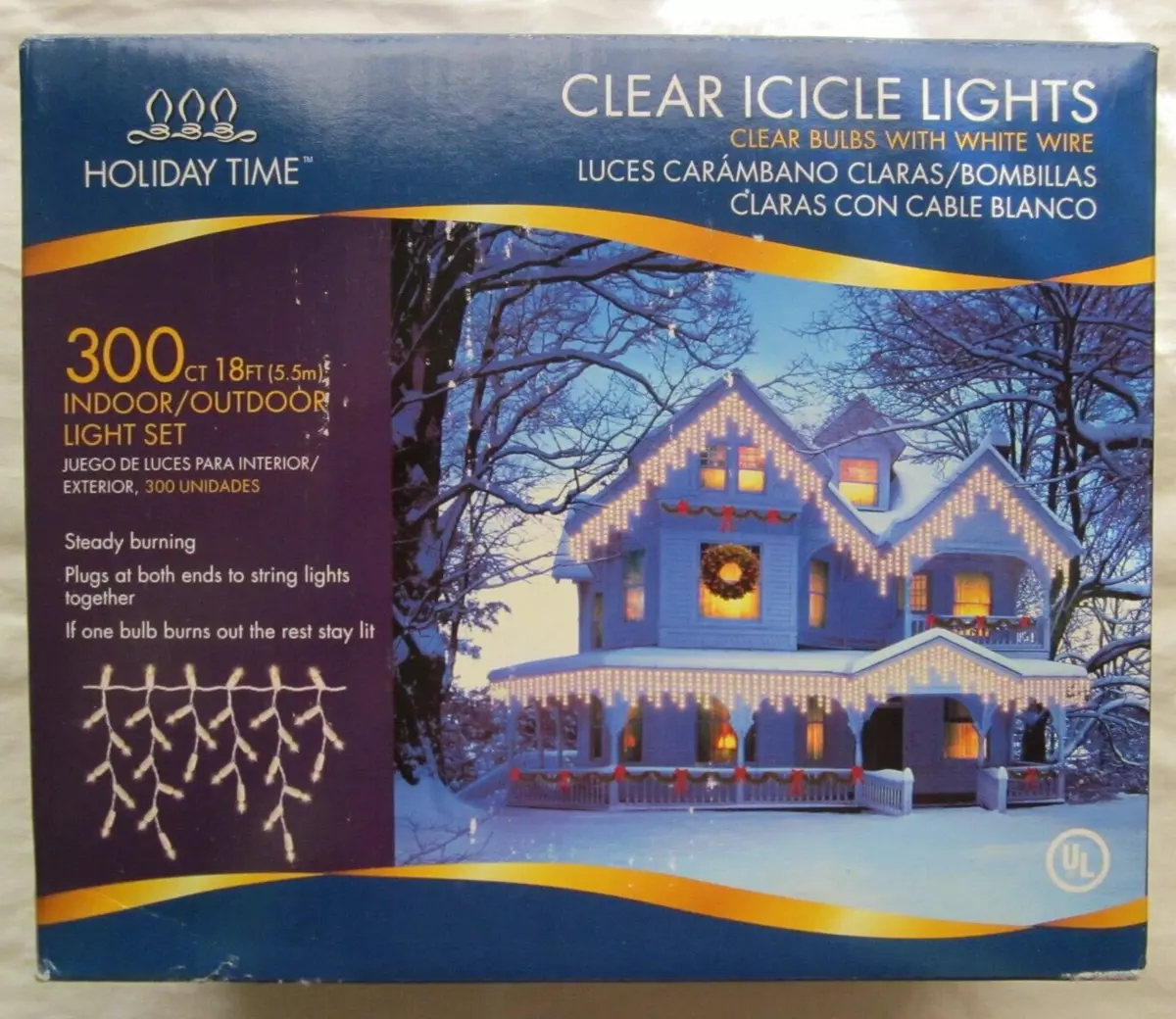 Holiday Time Clear Icicle Lights 300 Ct. 18 Ft Length Indoor Outdoor NIB