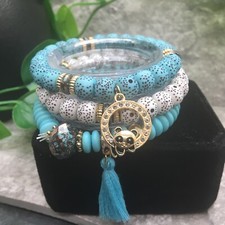 3 PC Handmade Boho Beaded Stackable 6.50" Plus Stretch Panda Bracelet Set A789