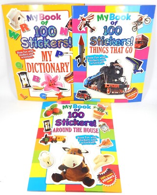 Set of 3 MY BOOK of 100 STICKERS!  Around the House, Things that Go, Dictionary