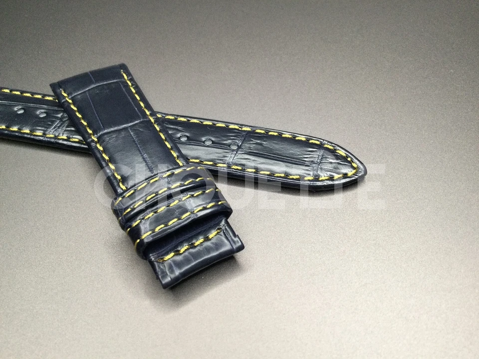 Grand Seiko SBGY017 深蓝色 19 毫米鳄鱼皮表带带黄色缝线 — 第 3/4 张图片