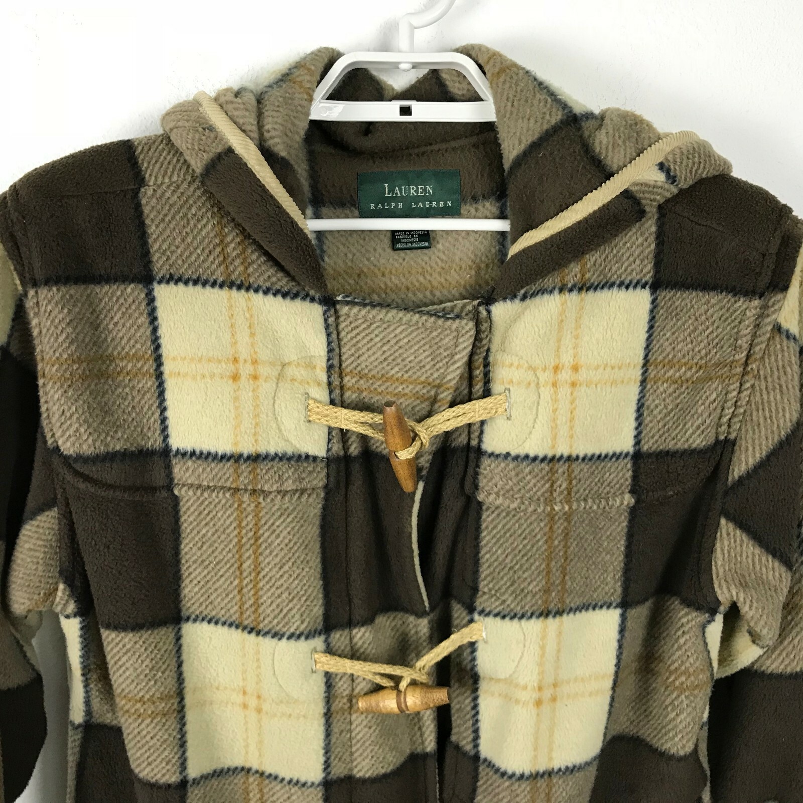Lauren Ralph Lauren Plaid Hooded Duffle Coat Toggle Brown Beige Womens