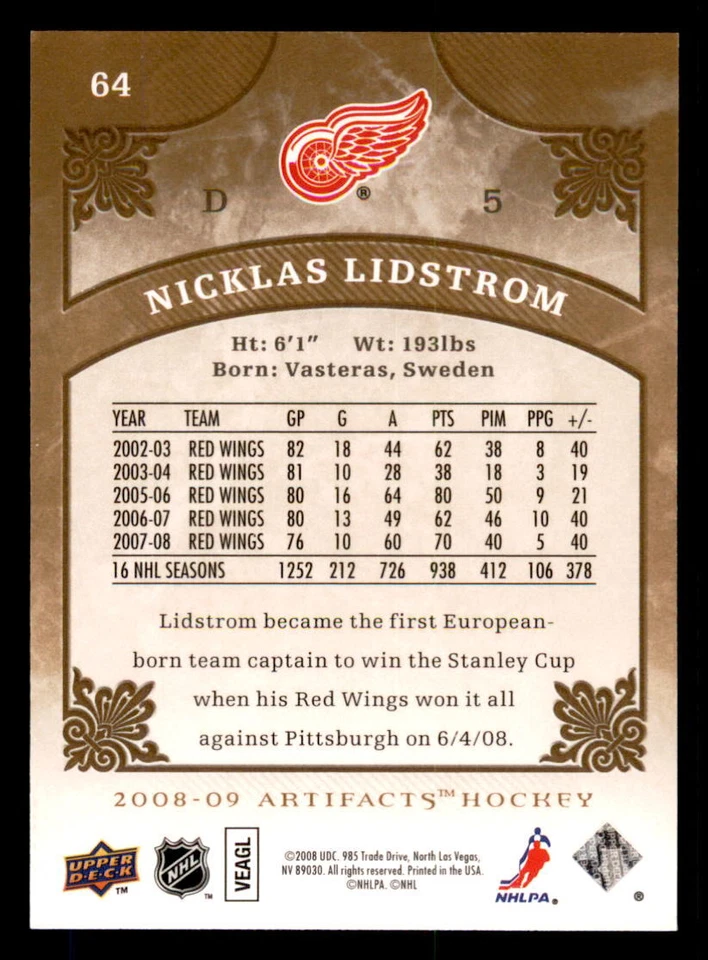 2008-09 Upper Deck Artifacts #64 Nicklas Lidstrom Detroit Red Wings - Image 2 of 2