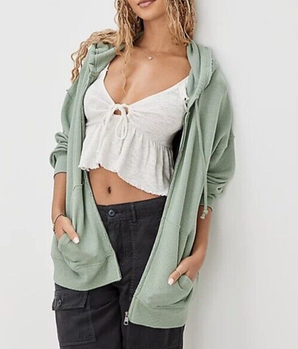 American eagle Textured Oversized zip up hoodie L/XL OLIVE GREEN NWOT AE WOMEN'S - Picture 4 of 6