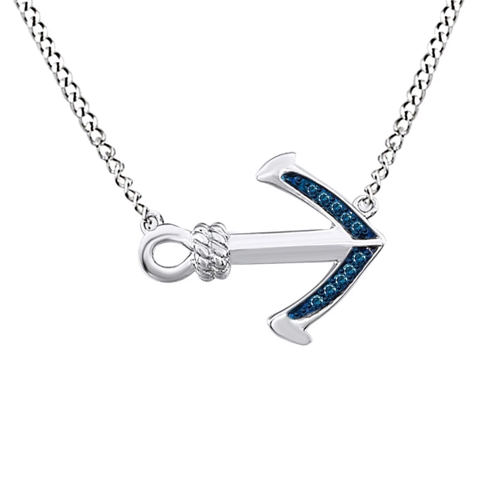 Round Cut Blue Diamond Sideways Anchor Pendant Necklace In Sterling Silver 925 - Изображение 2 из 4
