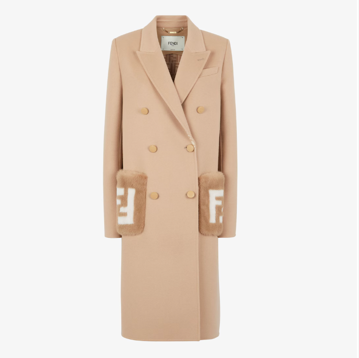 FENDI Beige Wool Coat with FF Mink Fur Pockets- EXCELLENT