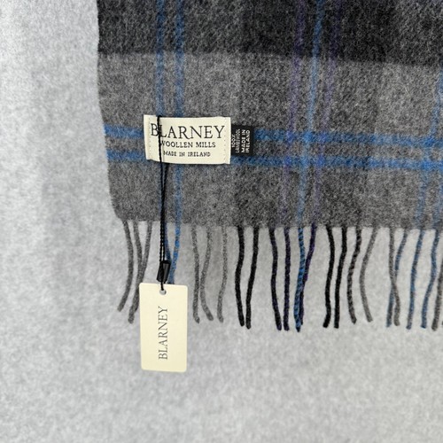 Blarney Long Lambswool Fringed Scarf Oblong Gray Blue Plaid Made in Ireland NEW - Picture 3 of 6