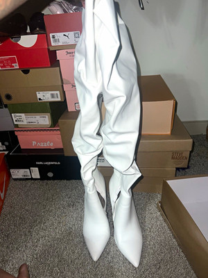 Women s White Thigh-High Slouch Boots Faux Leather Pull-On Pointed Toe 7.5