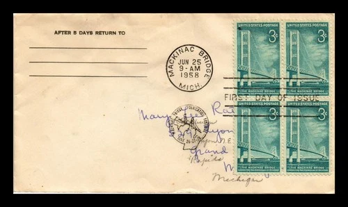 DR JIM STAMPS US COVER MACKINAC BRIDGE FDC SCOTT 1109 BLOCK OF 4 ADDRESSED