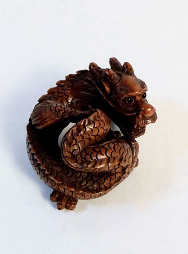 Okimono in legno di bosso intagliato giapponese fine antico vintage firmato drago Netsuke Meiji - Foto 4 di 6