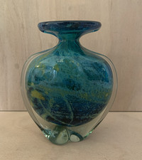 Mdina Malta Art Glass Vase - Sea Blue/Green Clear Pulled Ear H 6.25" - Vintage