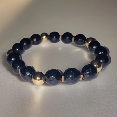 10mm Black Jade, 14K Gold Plated Bead & Hematite Gemstone Stretch Reiki Bracelet
