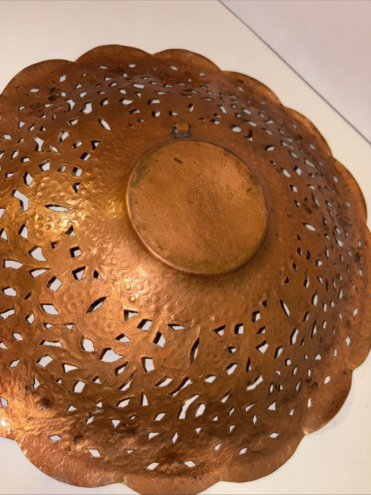 VINTAGE LARGE HADAR HANDMADE PIERCED COPPER WALL HANGING TRAY ISRAEL 13 1/2”