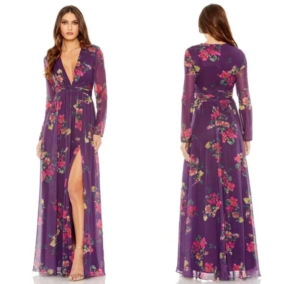 【MAC DUGGAL】ロングドレス パープル ノースリーブ フリンジ Mac Duggal Purple Multi Floral Plunge Neck Long Sleeve Gown