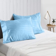 4 PCs Pillow Case Set 600 TC 100 Cotton Sky Blue Stripes Queen Size
