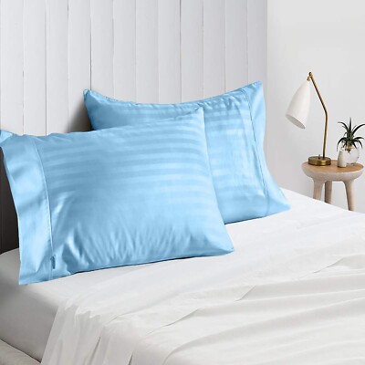 4 PCs Pillow Case Set 600 TC Egyptian Cotton Sky Blue Stripes Queen Size