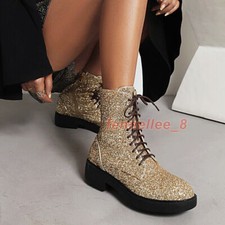 Glitter Womens Ankle Boots Round Toe Lace Up Riding Ankle Boots Party Shoes