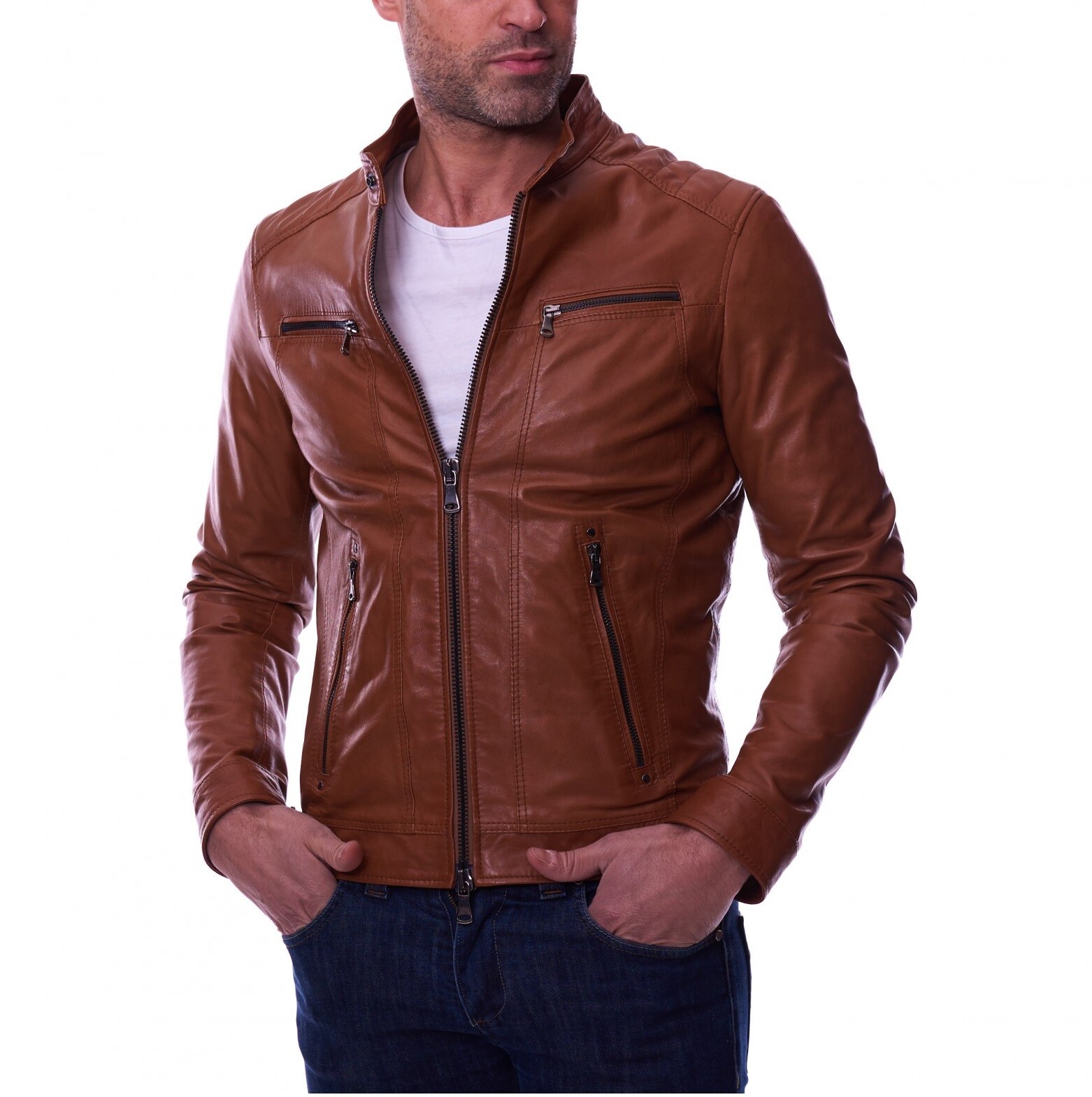 Leather Jacket Men's Biker Coat Racer Motorcycle Cafe Vintage Lambskin Brown 32-image
