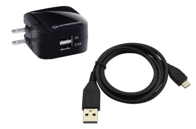 Dual USB Wall Charger HyperGear and Micro USB Charge and Sync Data Key Cable 3Ft
