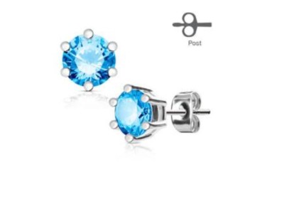 Damen 316L Edelstahl Paar 6 Krappen Set CZ Versilbert mit 3mm Aqua Stein