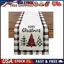 Waterclor Buffalo Plaid Christmas Trees Merry Xmas Table Runner, Seasonal Winter