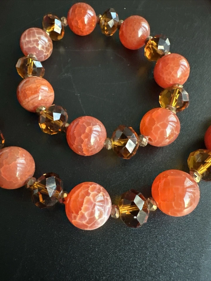 Conjunto de collar pulsera cuentas cristal cara piedras ágata fuego natural NUEVO Foto 4 de 4