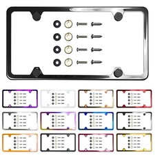 Car Truck License Plate Frame Stainless Steel With Metal Screw Caps 4 Hole Slim