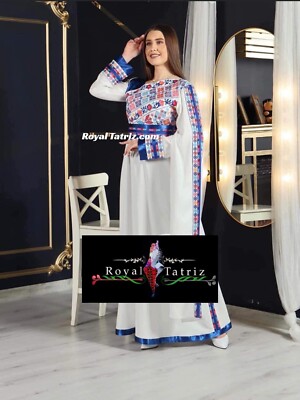Tatreez Dress Blue/White Sleeve With Elegant Embroidered . | eBay