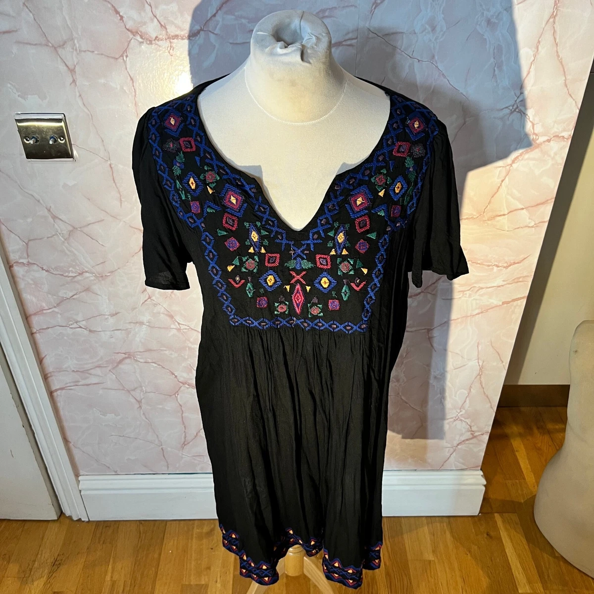Peacocks Dress Beach Dress Kaftan Tunic Black Embroidered Size 14 UK 10 US