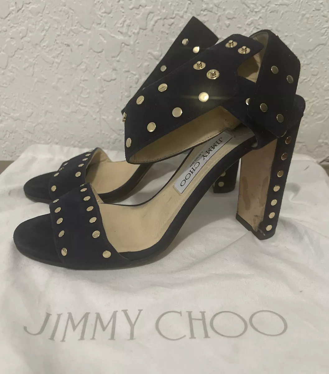 Jimmy Choo Veto 100 Suede Navy Blue Gold Tone Studs EU Size