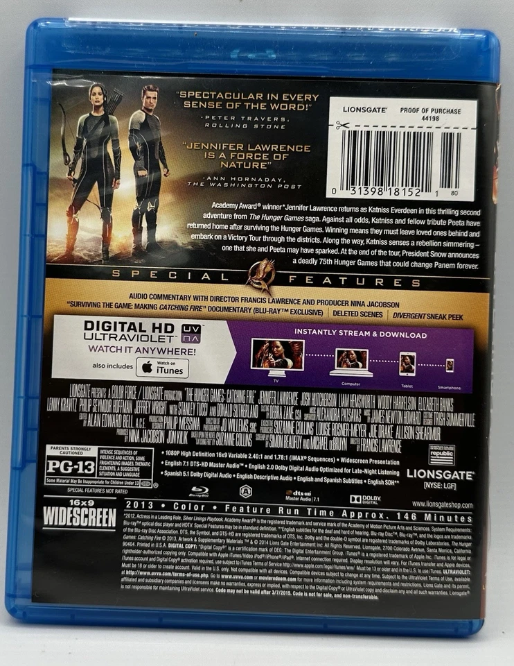 The Hunger Games: Catching Fire (Blu-ray DVD Widescreen) Jennifer Lawrence 2013 - Image 2 of 3