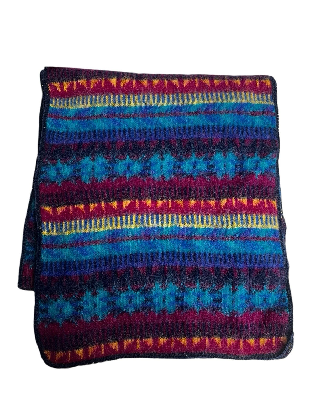 Vintage Iceland Mohair Wool Scarf Fair Isle Blue Purple Yellow Magenta New Flaw*