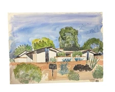 Vintage Mid Century Modern Original Watercolor Architectural Concept Painting