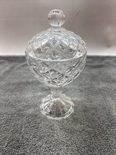 8.5" Footed Candy Dish w Lid| Vintage Pedestal Quilted Diamond Glass Lidded 