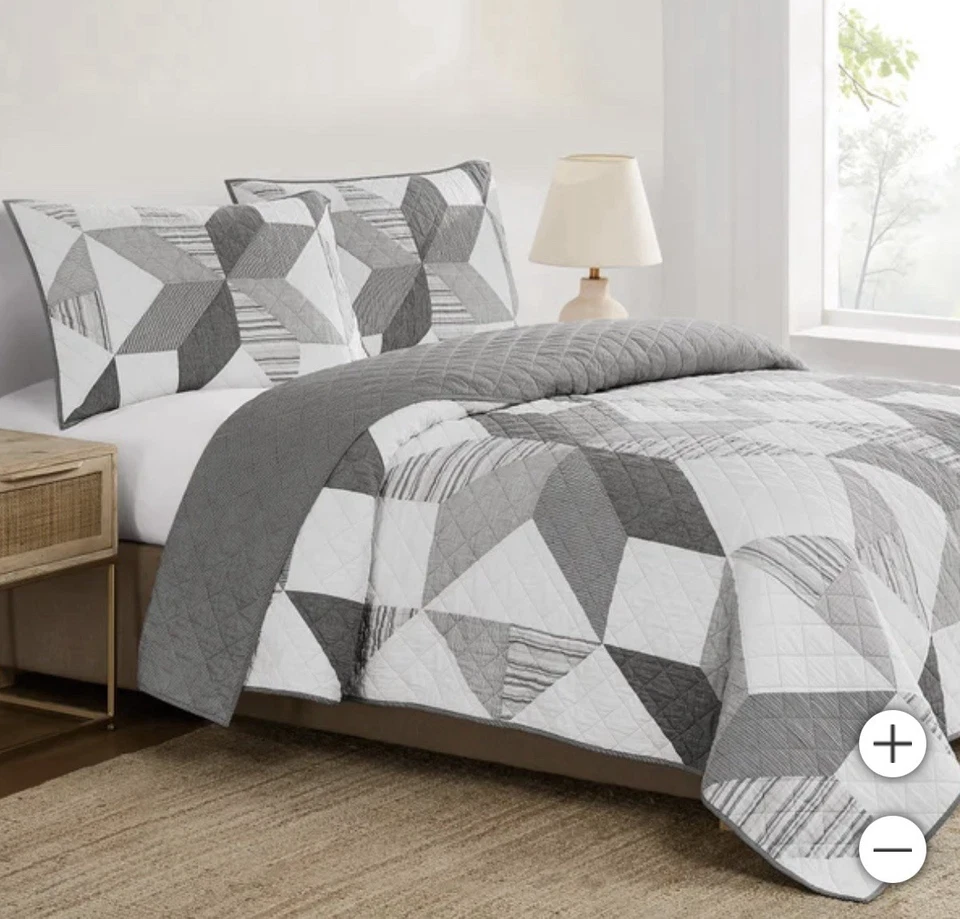 Origami Pieced Reversible Modern Patchwork 3-piece Quilt Set | Queen - Gray - Image 2 of 4