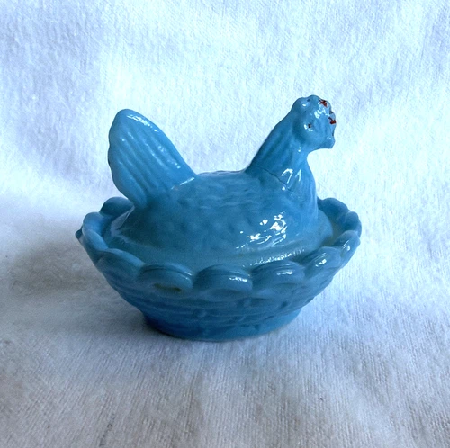 Vintage Mini Blue over Milk Glass Westmoreland Mold Hen on Nest Salt Cellar Dip