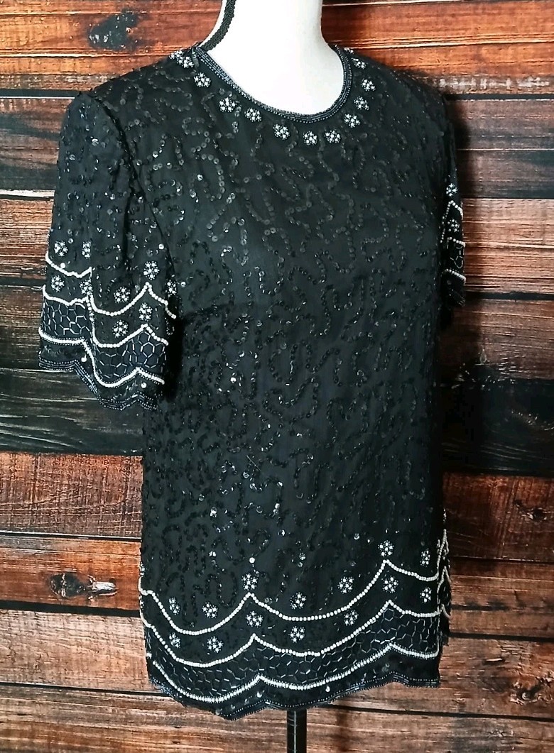Laurence Kazar Vintage Top Size M 100% Silk Beaded Sequin Black Lined Blouse 