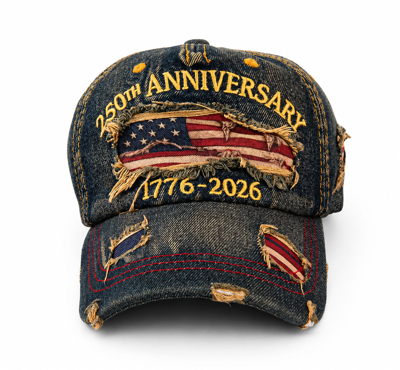 250th Anniversary 1776-2026 USA Flag Distressed Denim Novelty Baseball Cap Hat