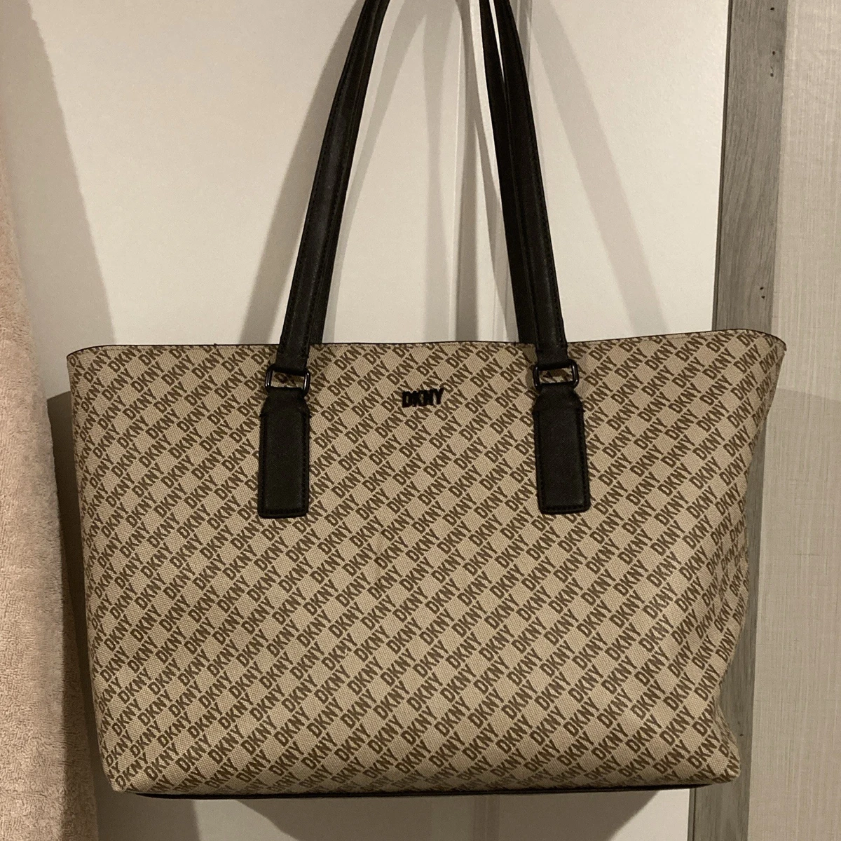 DKNY Monogram Logo Carlita Canvas Backpack in Beige Brown DKNY CAROL CAMERA BAG - Cross body bag - chino/shitake/light  main image 4