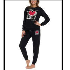 Keith Haring Heart Graphic Sweatshirt and Joggers Set Black Medium Loungewear