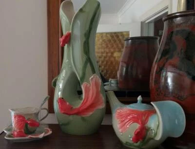Koi Ceramic Fish Vase Teapot Cup Saucer Matching Set Vases