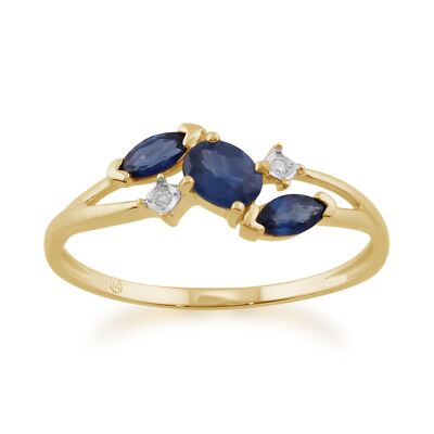 Marquise Light Blue Sapphire & Diamond Three Stone Ring in 9ct Yellow Gold