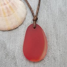 Hawaiian Jewelry "Sunset" Sea Glass Necklace, Red Necklace Leather Cord