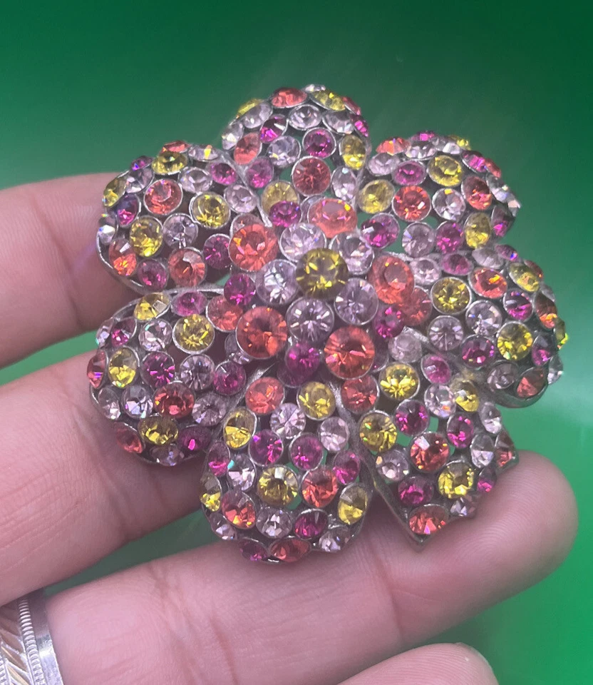 Broche Flor Cristal Multicolor Vintage Joan Rivers Grande 2.25" Firmado