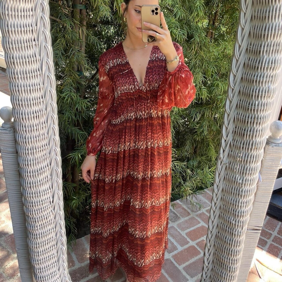 joie red dress JOIE Size XS Bondi Tiered Maxi Dress Red Long Sleeve Boho NWOT
