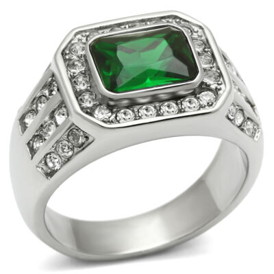 Men's Ring High polished Stainless Steel with Emerald Synthetic Glass