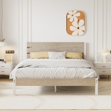 Marco de cama Vecelo Twin tamaño queen completo con cabecero de madera plataforma metálica blanco
